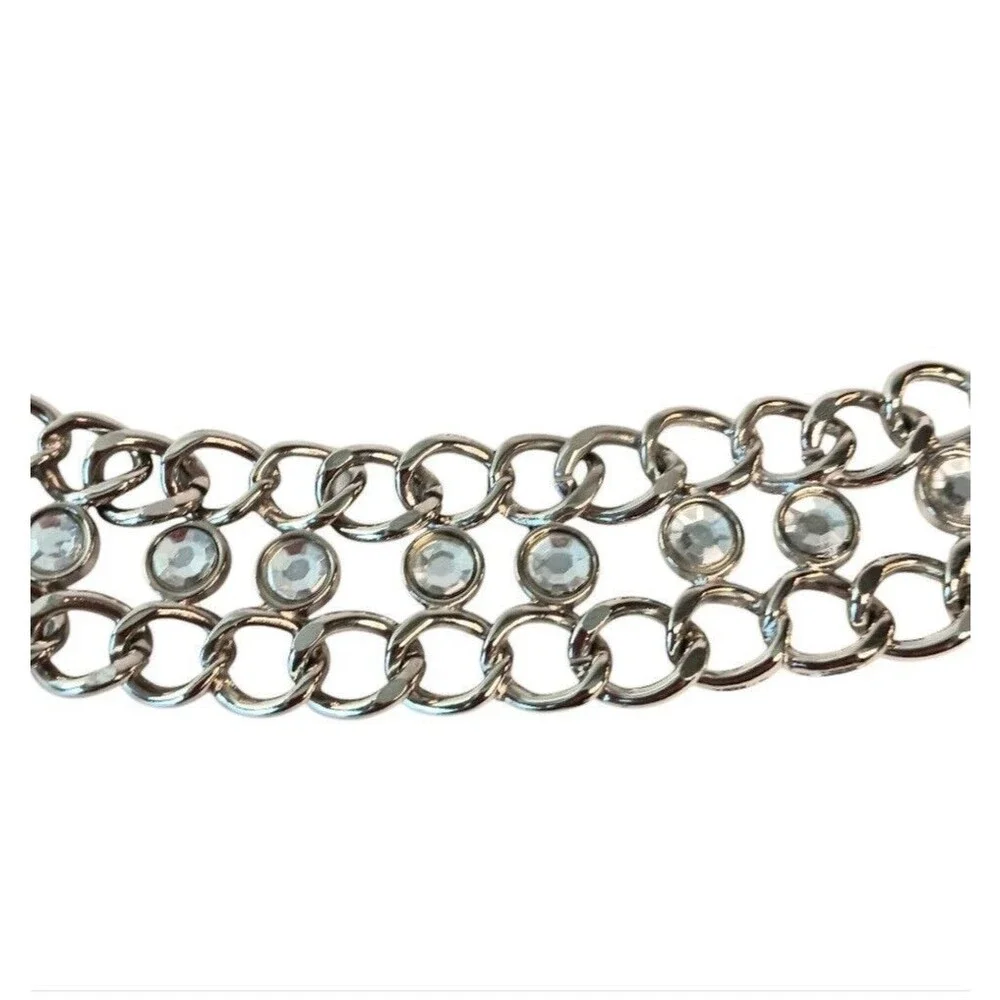 Silver Metal & Rhinestone Chain Link Belt  Adjustable Size Medium 38